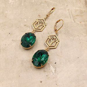 Emerald Green Art Deco Earrings Oval Earrings May Birthstone Christmas